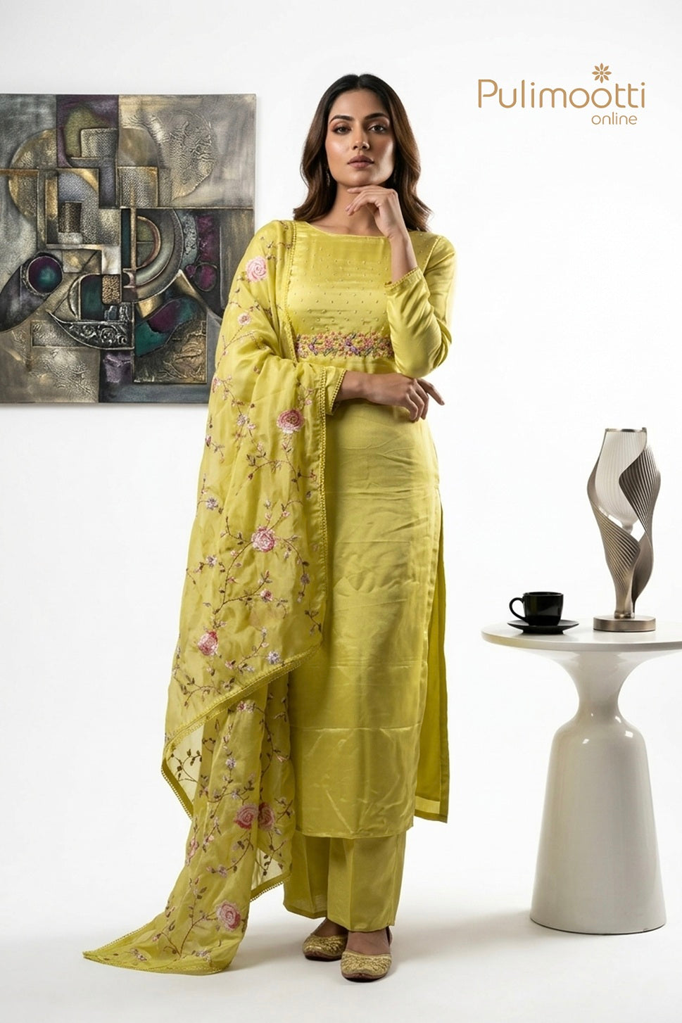 Yellow Green Cripe Silk Unstitched Salwar Set