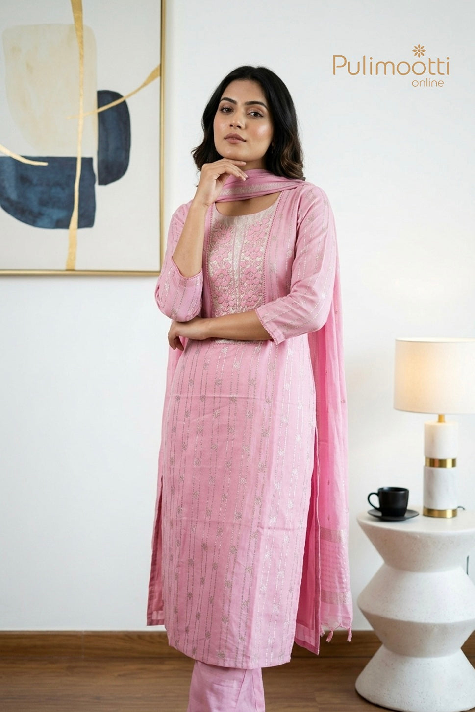 Baby Pink Semi Chanderi Unstitched Salwar Set
