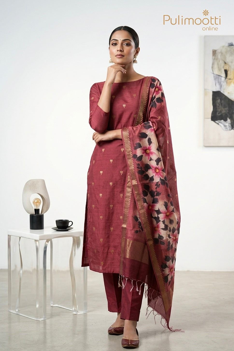 Maroon Maheshwari Silk Unstitched Salwar Set