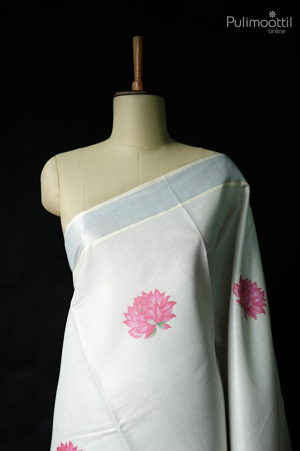 Silver tissue lotus digital print Kerala set saree