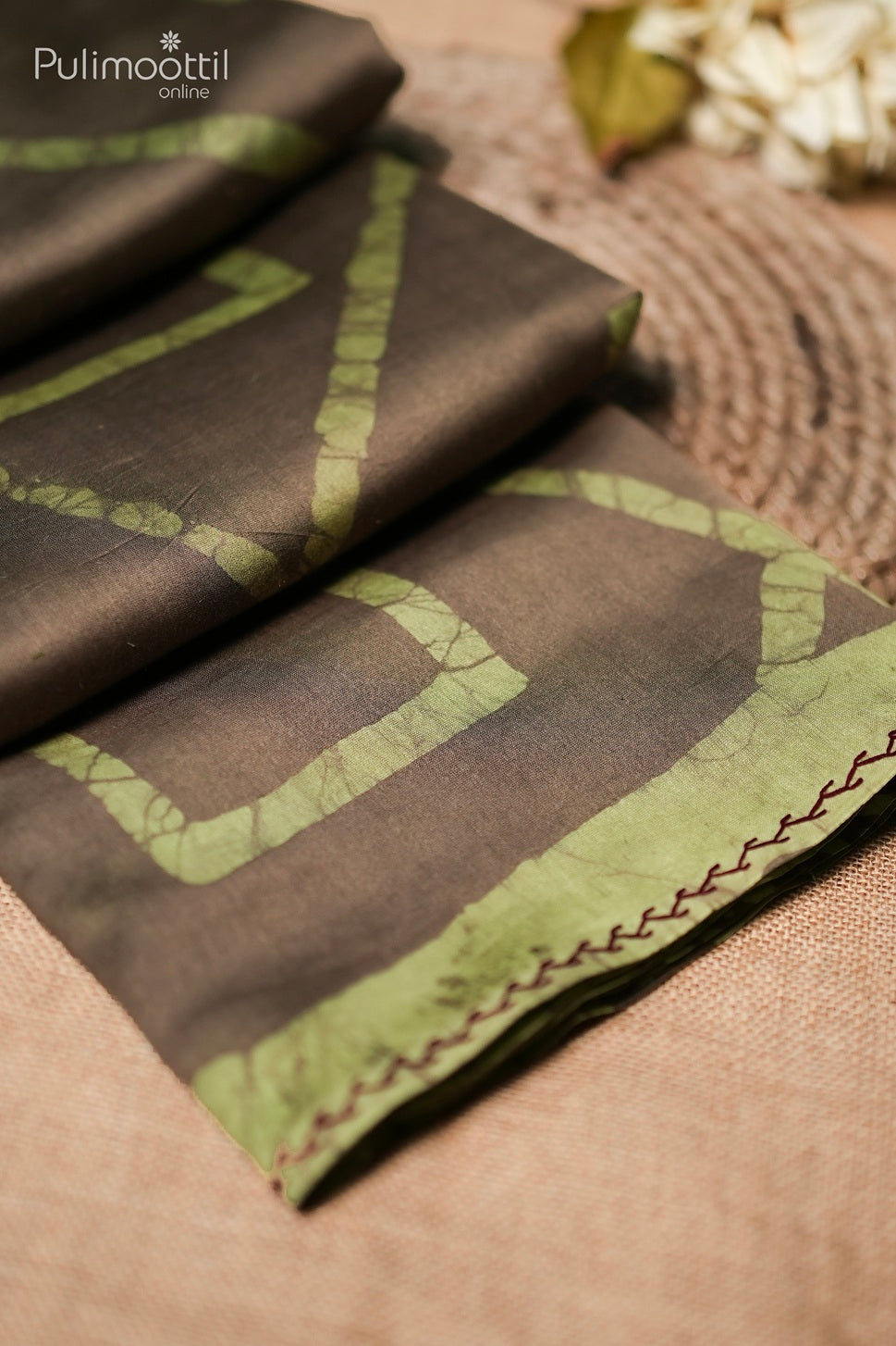 Dark chikku color hand embroidery Chanderi batik printed saree