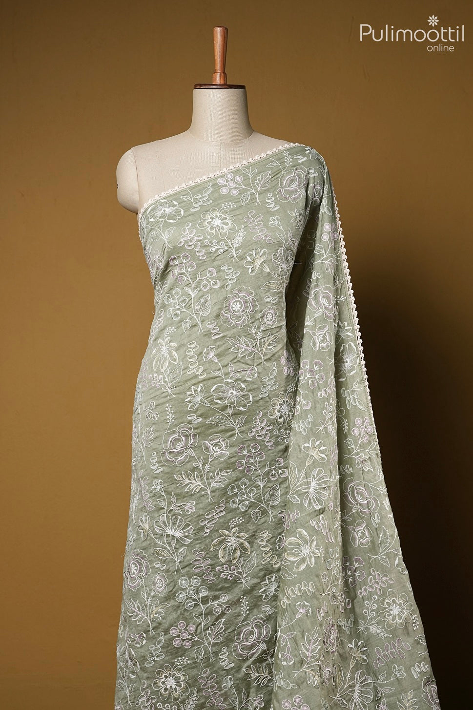Sage green color Chanderi silk saree