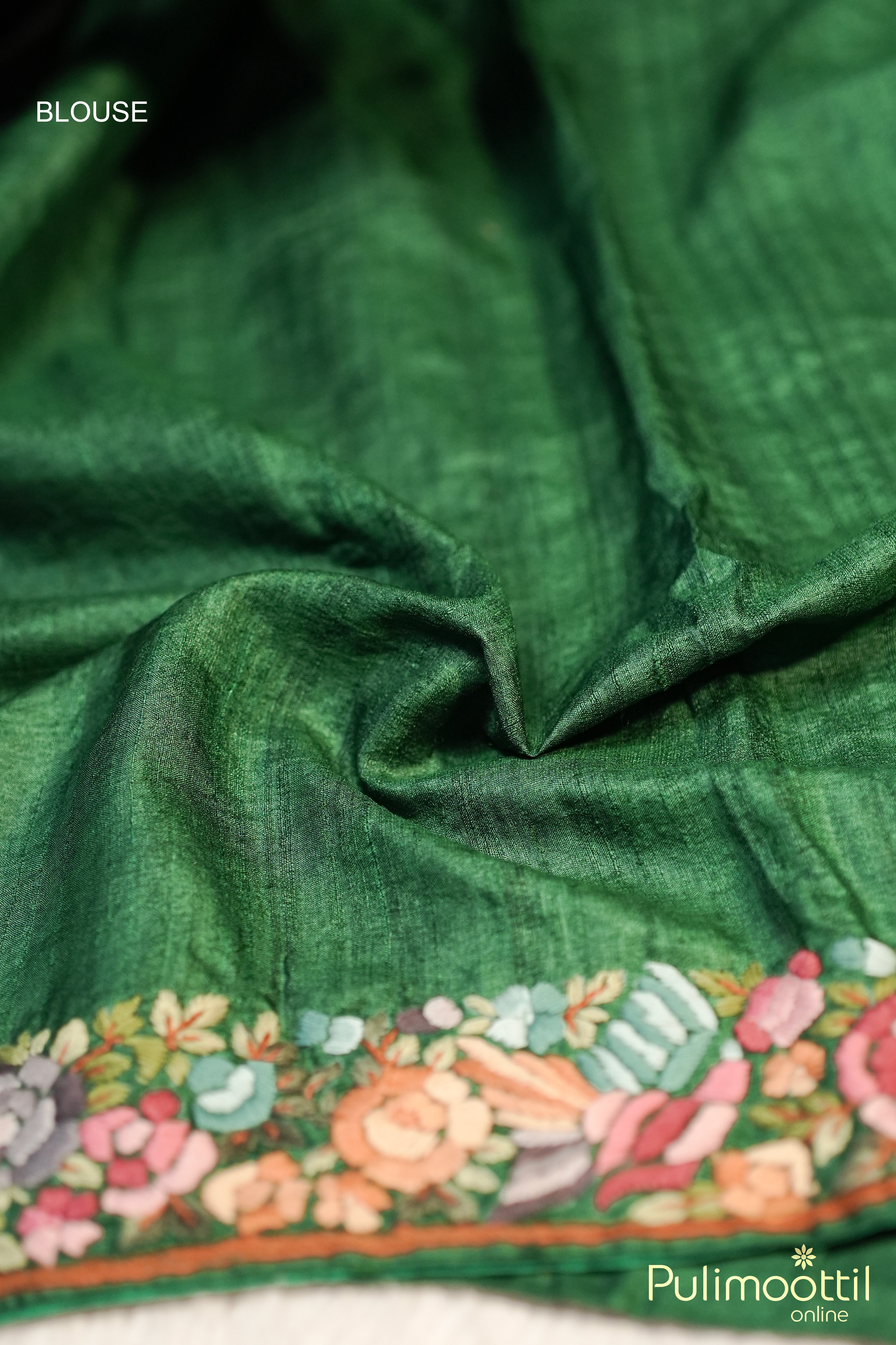 Bottle Green Colour Hand Embroidery Jute Silk Saree.