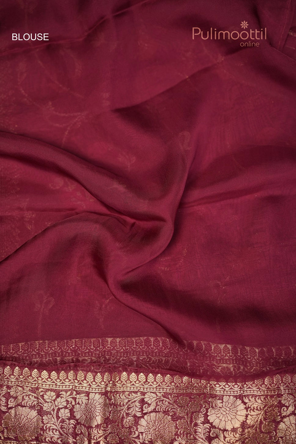 Close-up of Purple Banarasi Saree Blouse with Golden Border and Subtle Pattern