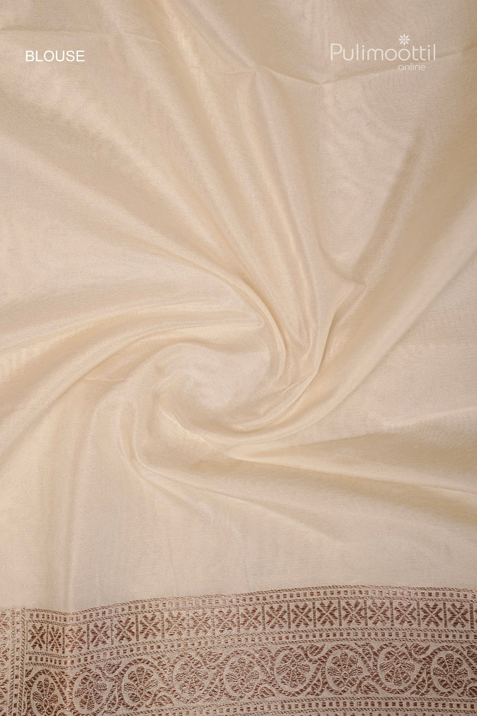 Plain cream-colored blouse fabric with subtle sheen and golden thread border detail