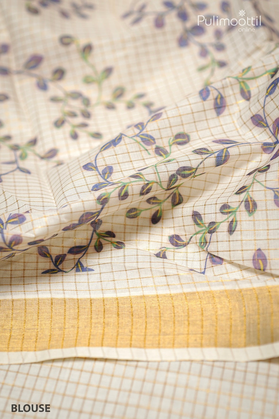 Cream Colour Kerala Cotton Golden Check Set Saree.