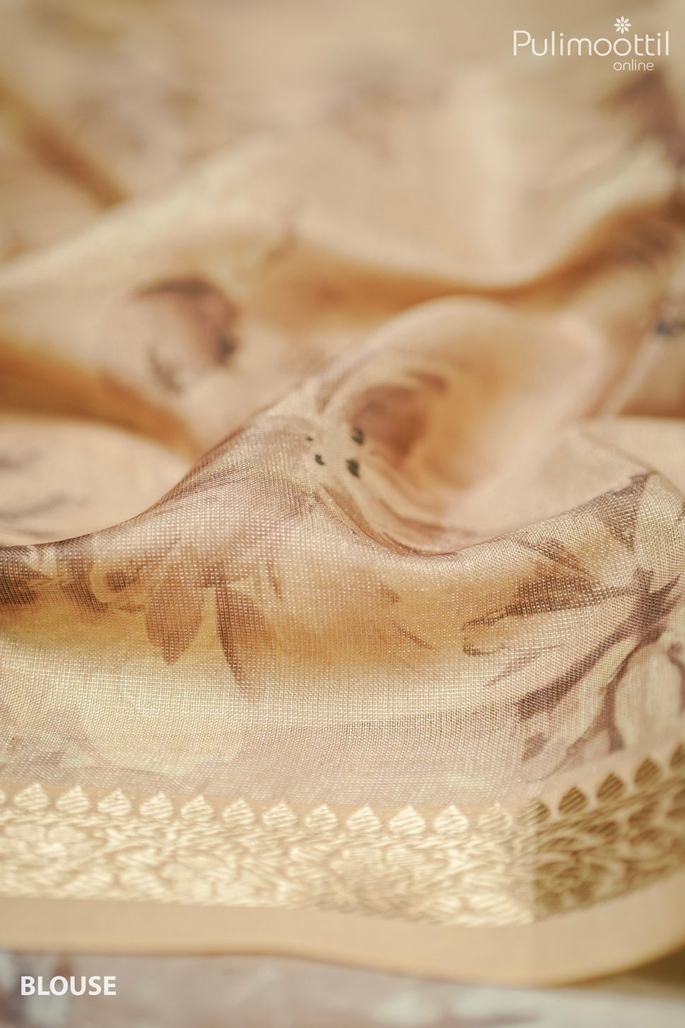 Light Gold Colour Kerala Tissue Floral Print Fancy Saree.
