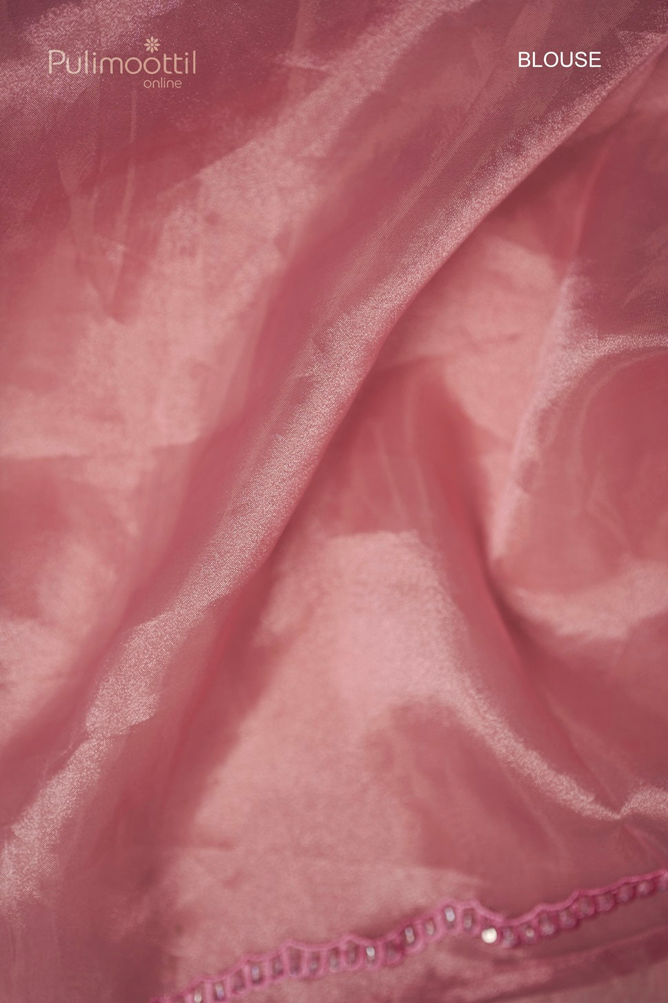 Plain light deep pink organza saree blouse with scallop border, complementing the embroidered saree, perfect for bridal and wedding sarees from Pulimoottil Silks Thrissur.