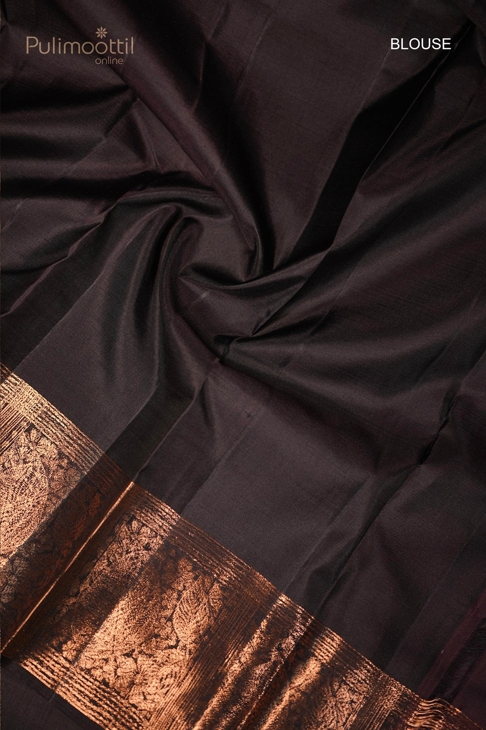 Plain black blouse piece with gold zari border from the Kanchipuram soft silk saree.
