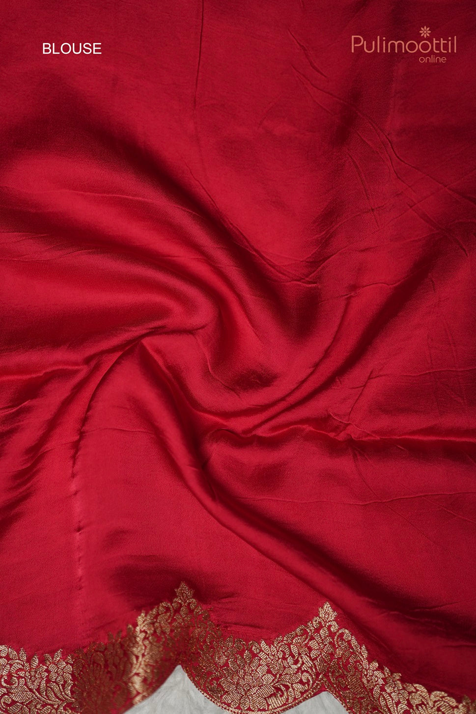 Chili red Banarasi silk saree blouse piece with golden scallop border