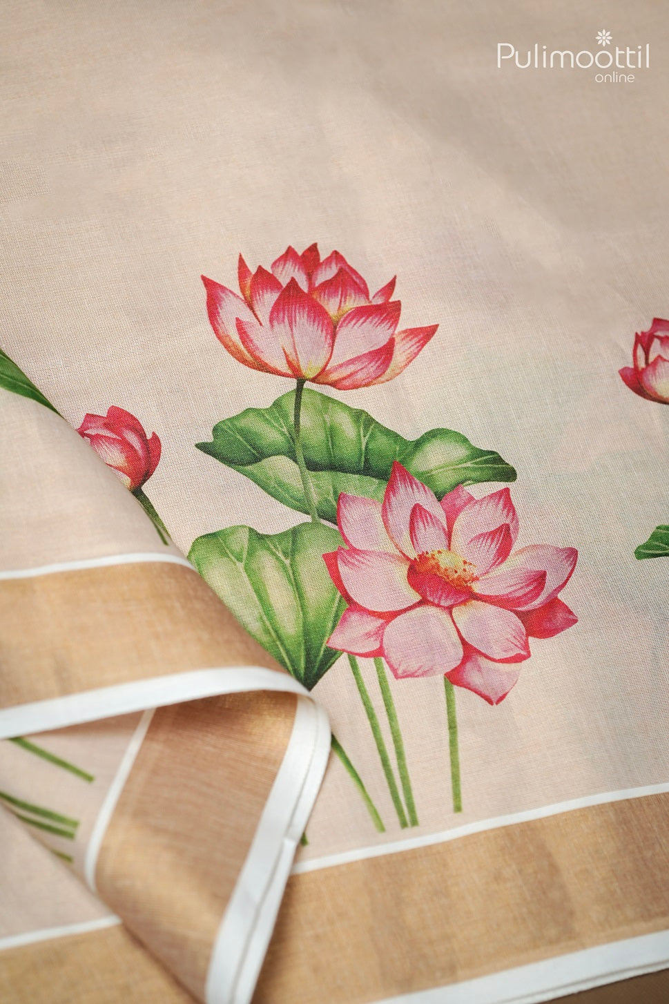Kerala Golden Tissue Lotus Print Set Saree.