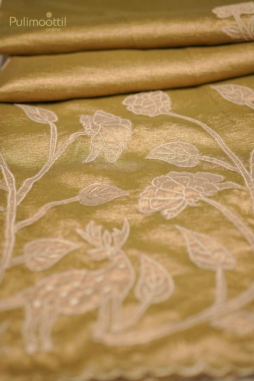 Pastel Olive Green Colour shimmer Organza Applique Work Fancy Saree