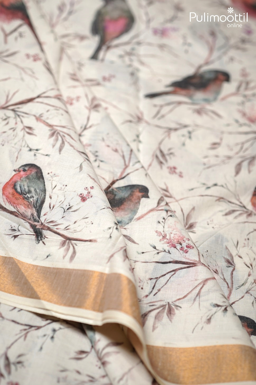 Cream Colour Kerala Birds Print Set Saree.