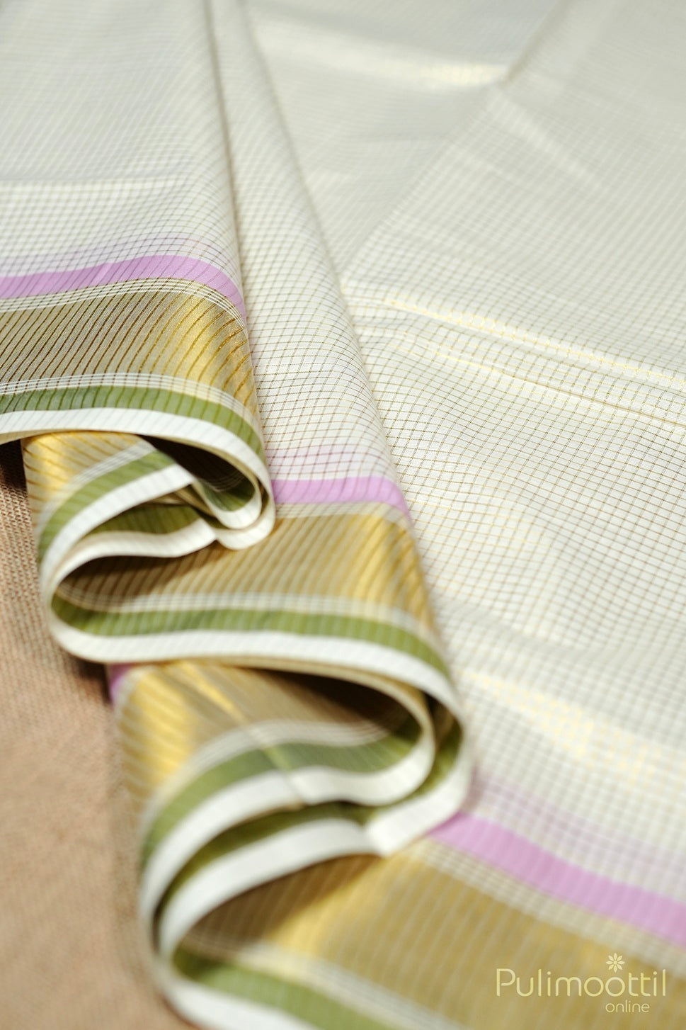 Kerala Cotton Cream Check Double Colour Border Set Saree.