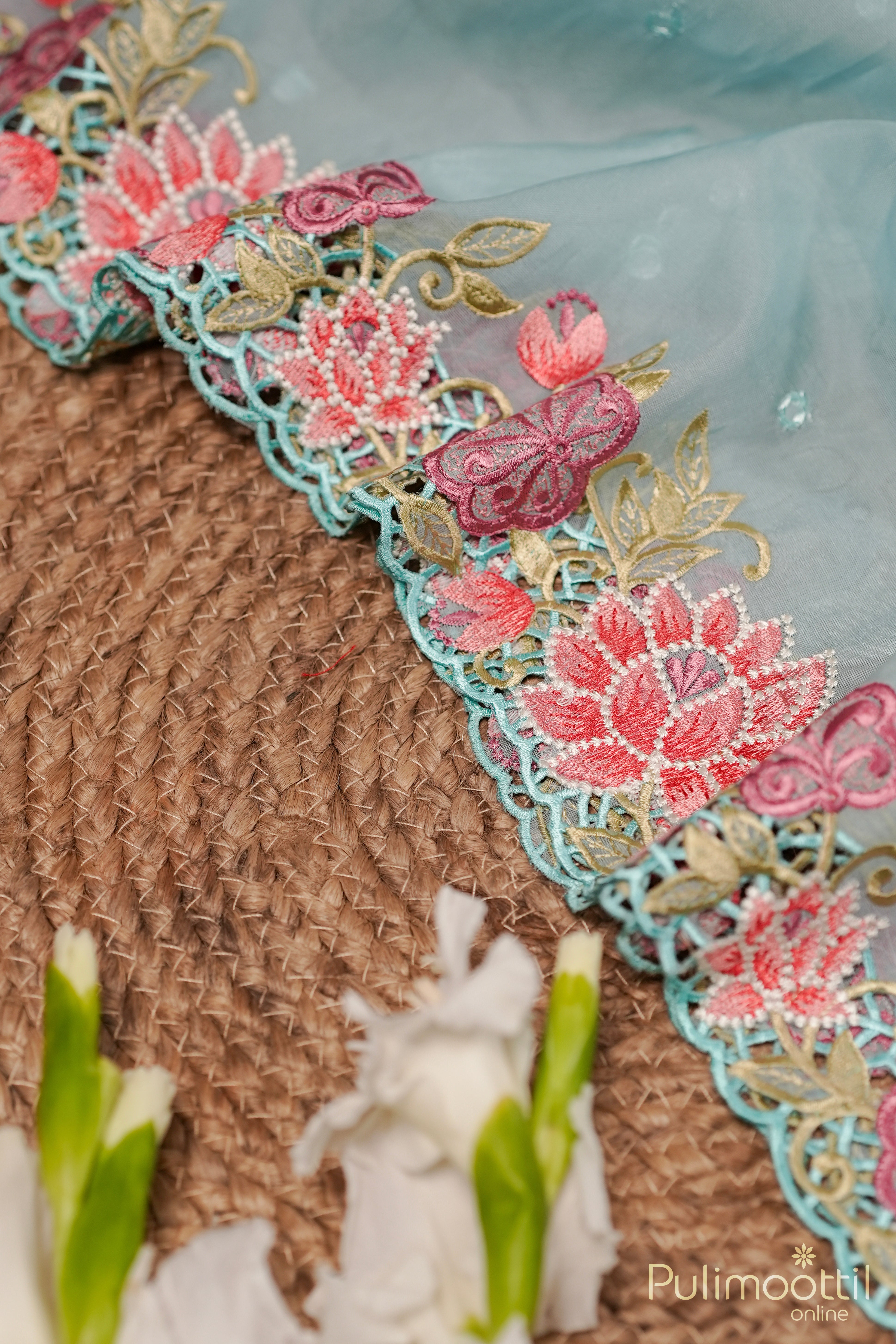 Pastel Blue Cut Work Organza Saree.