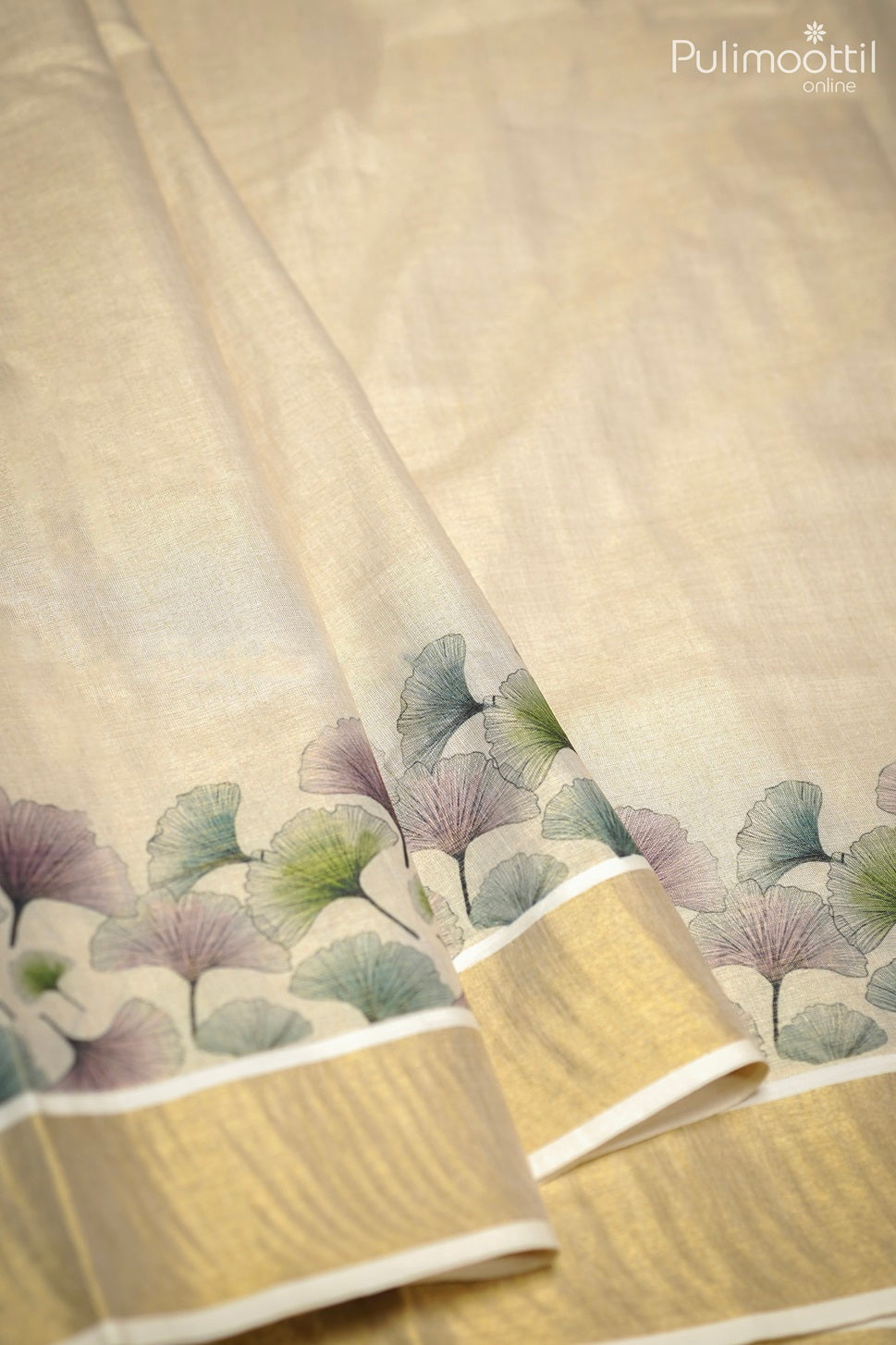 Cream Colour Kerala Golden Tissue Printed Set Saree.