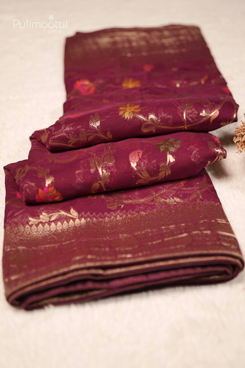Folded Purple Banarasi Saree with Multicolour Floral Embroidery and Golden Border