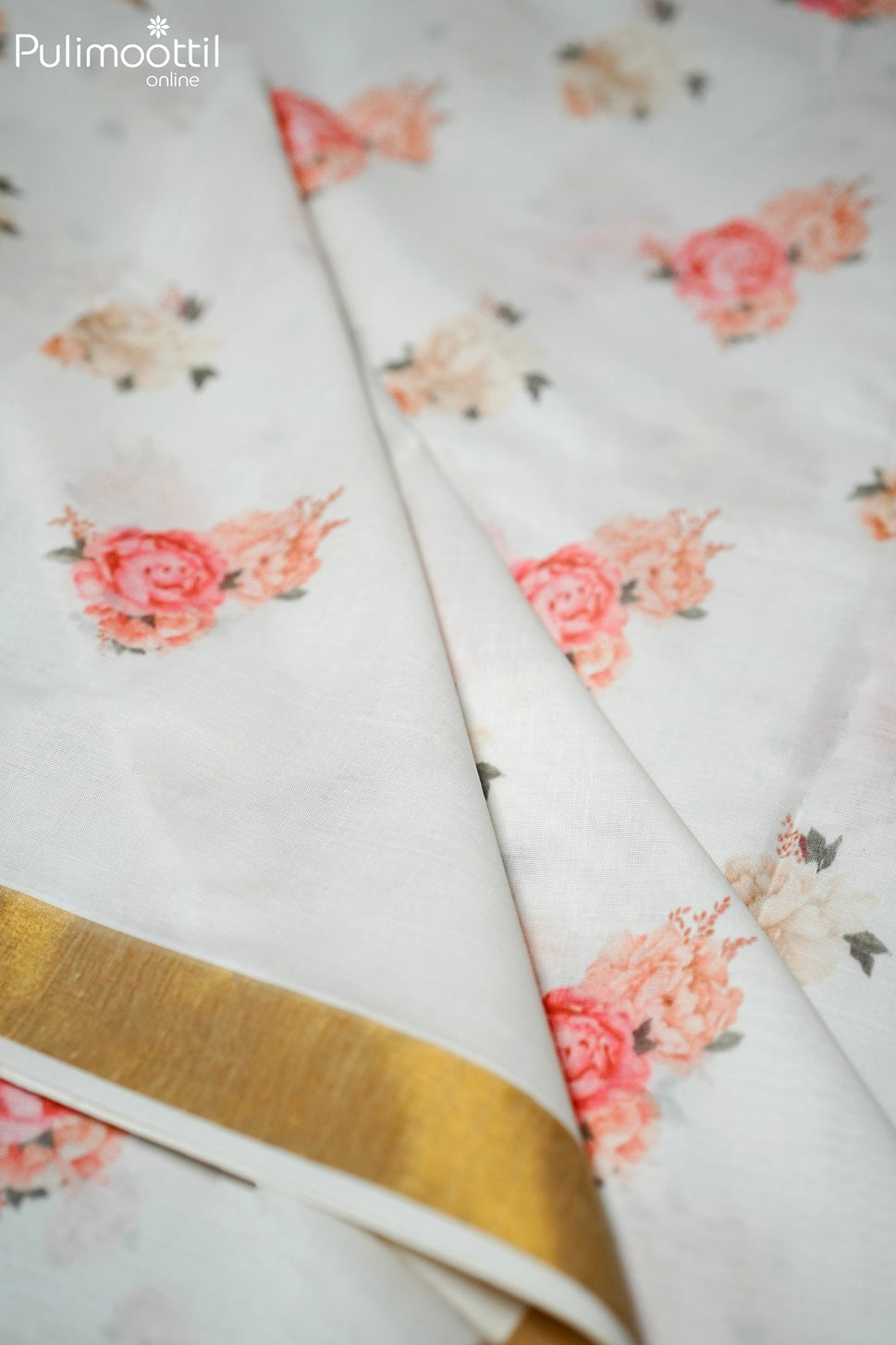 Cream Colour Kerala Cotton Printed Set Saree.
