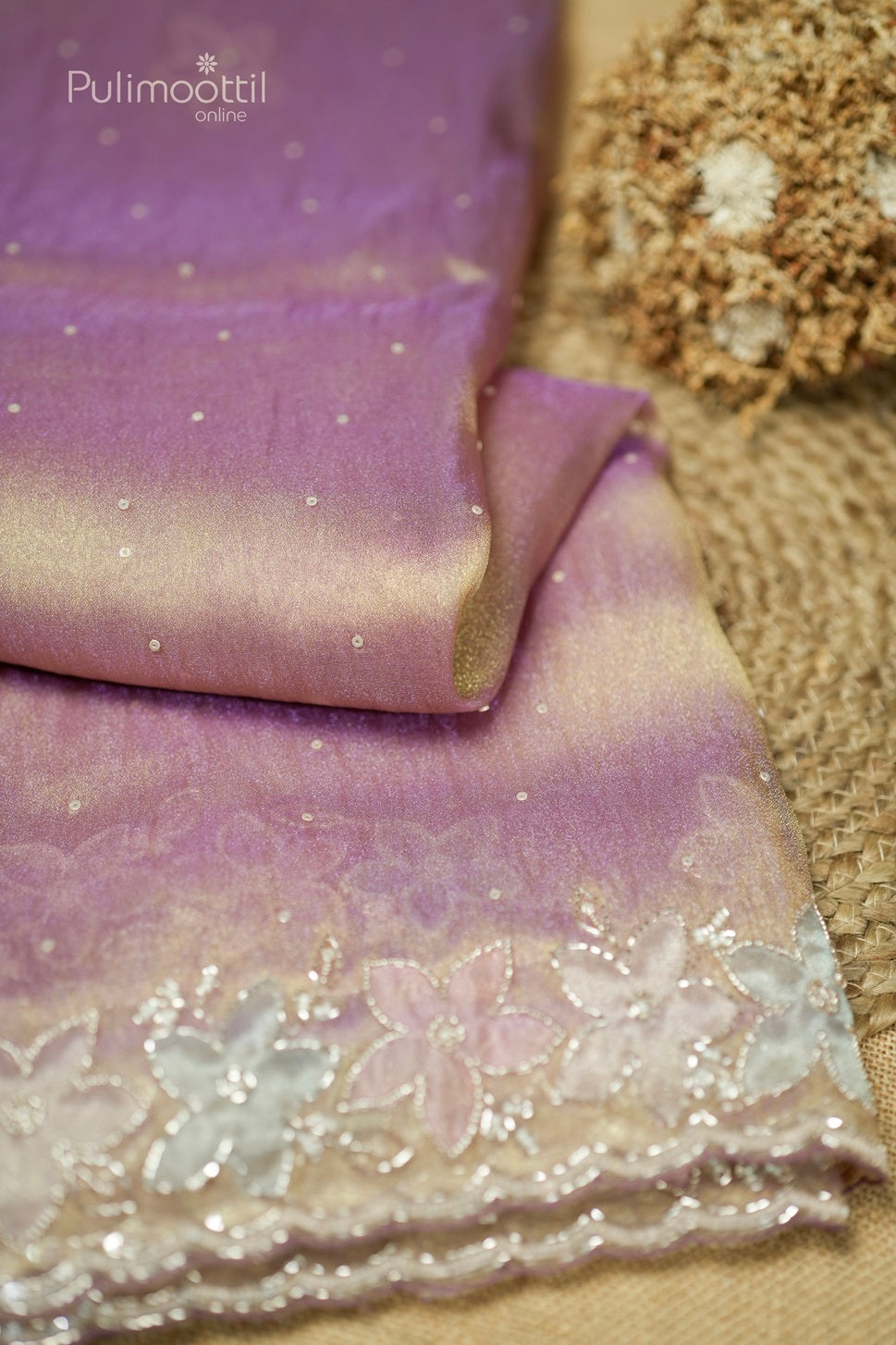 Lavender Colour Golden Tissue Organza Fancy Saree