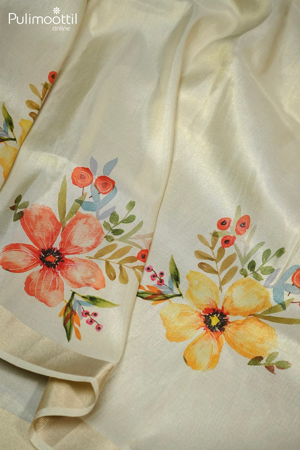 Cream Colour Kerala Golden Tissue Print Fancy Saree.