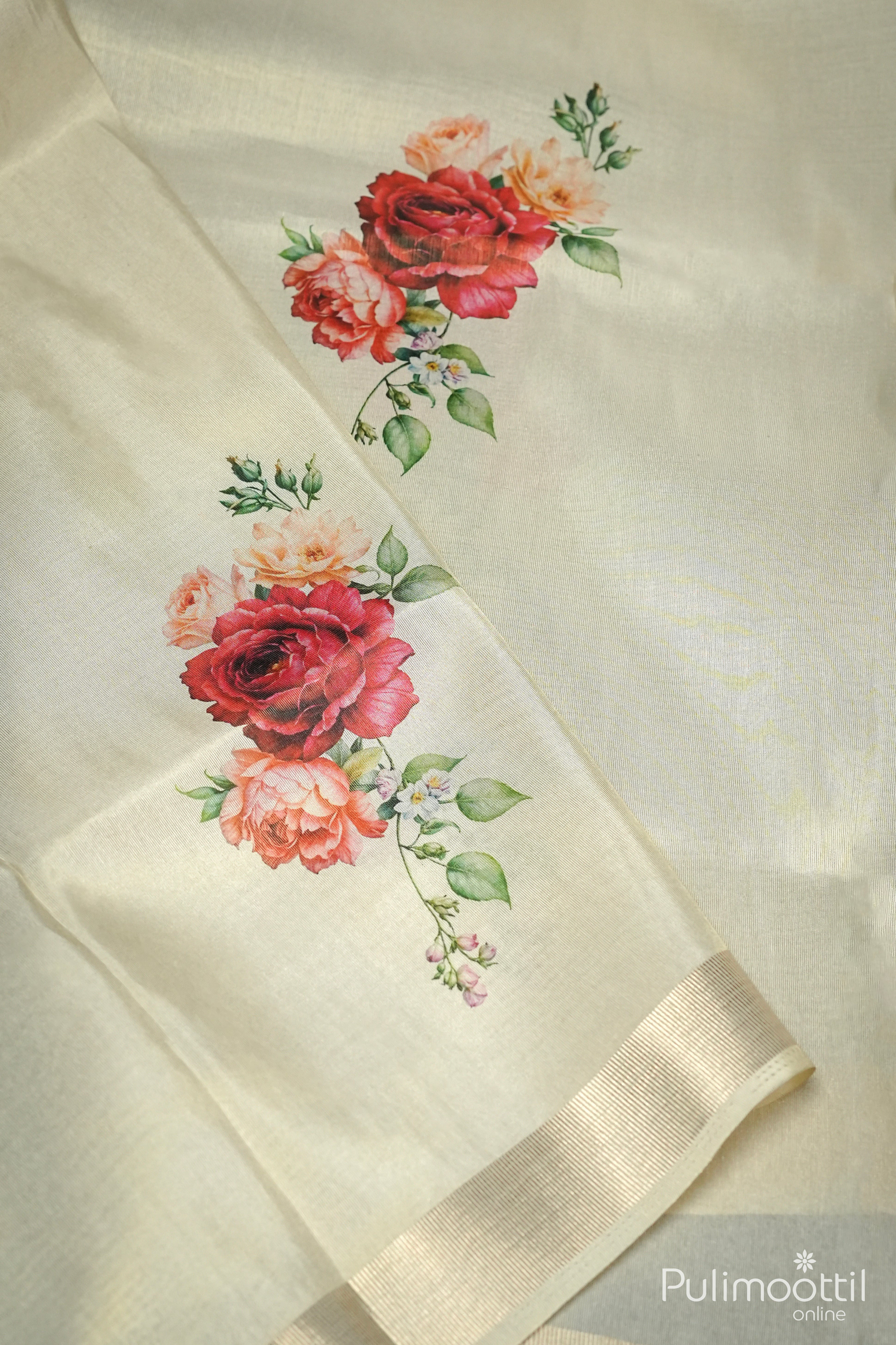 Cream Colour Kerala Golden Tissue Fancy Saree.