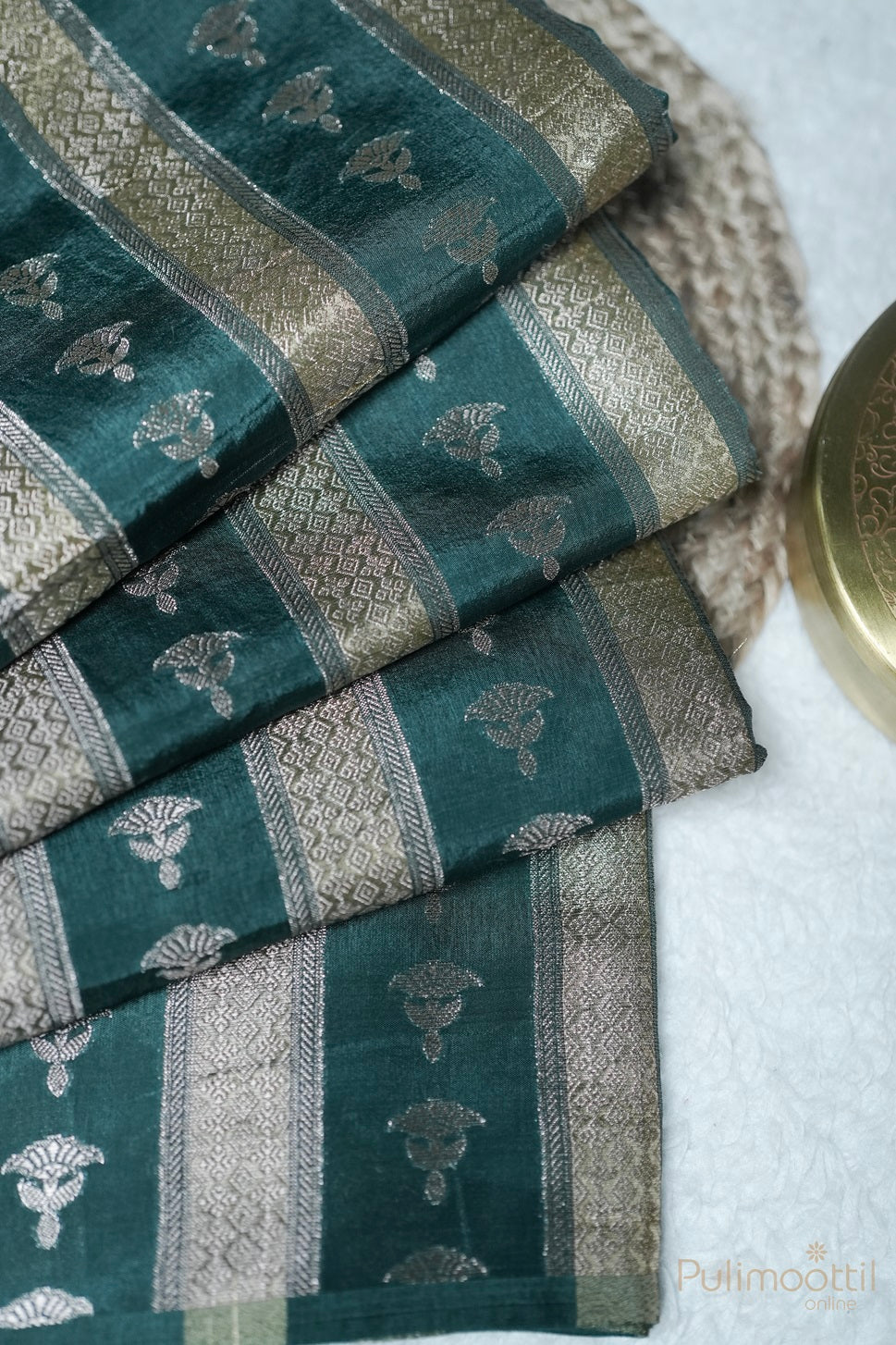 Dark Teal Green Colour Chiniya Silk Saree.