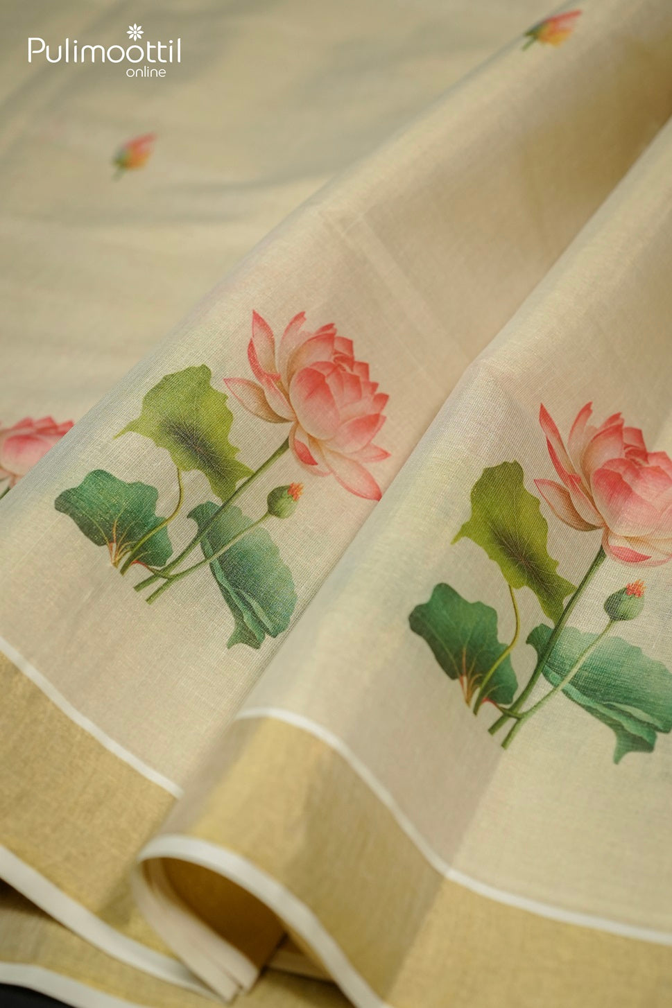 Kerala Golden Tissue Lotus Print Set Saree.