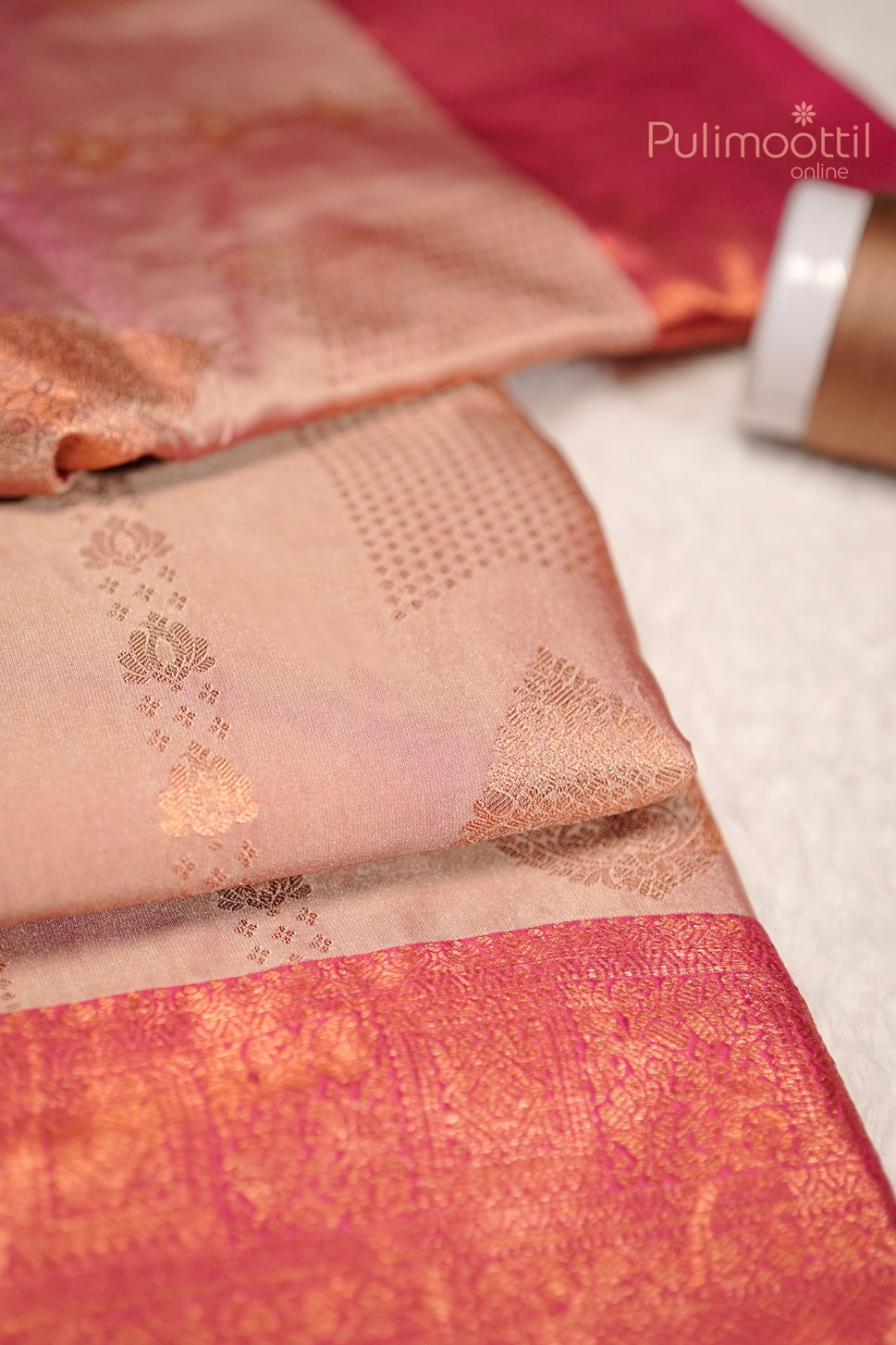 Close-up of melon colour semi Kanchipuram saree showing intricate designer patterns and contrast border.