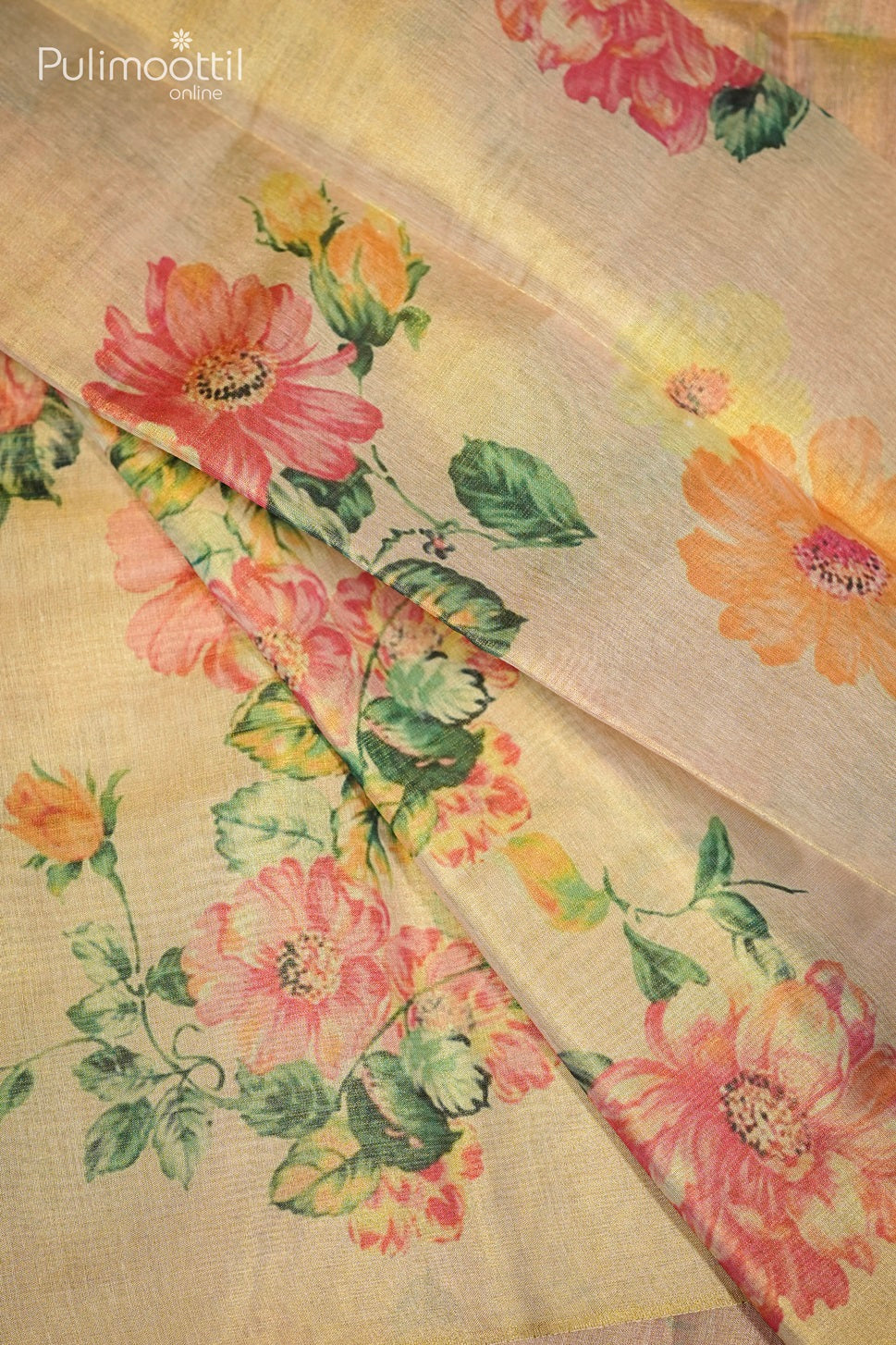 Kerala Digital Floral Print Golden Tissue Onam Saree.