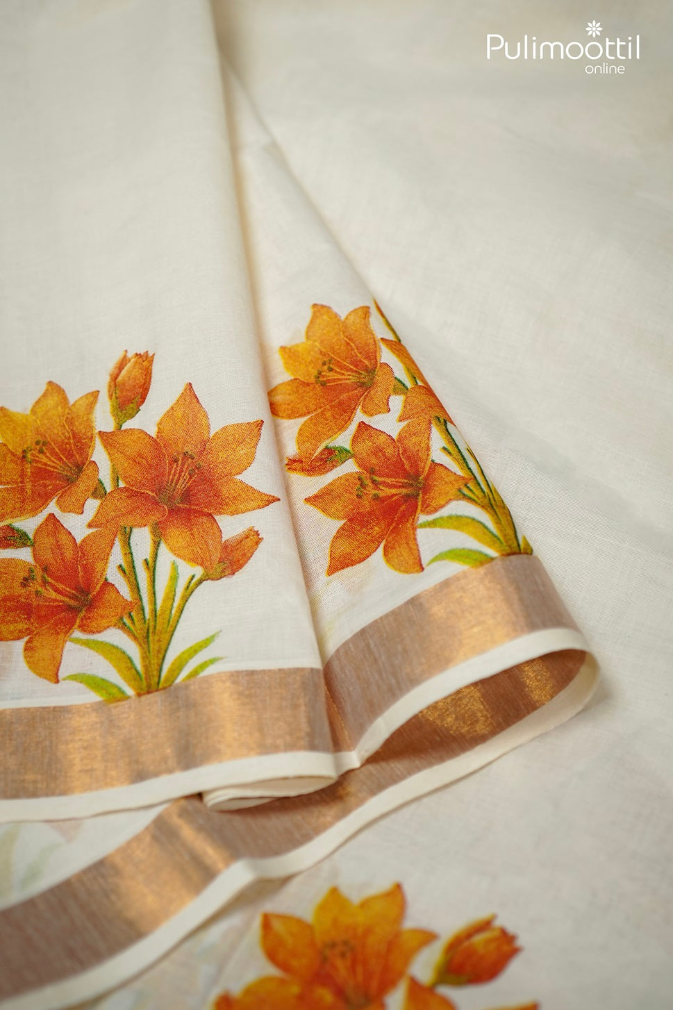 Cream Colour Kerala Digital Print Set Saree.