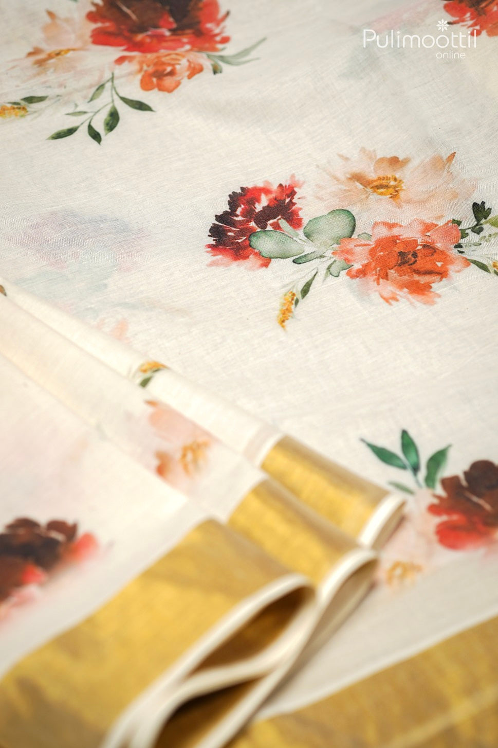 Cream Colour Kerala Cotton Digital Print Set Saree.