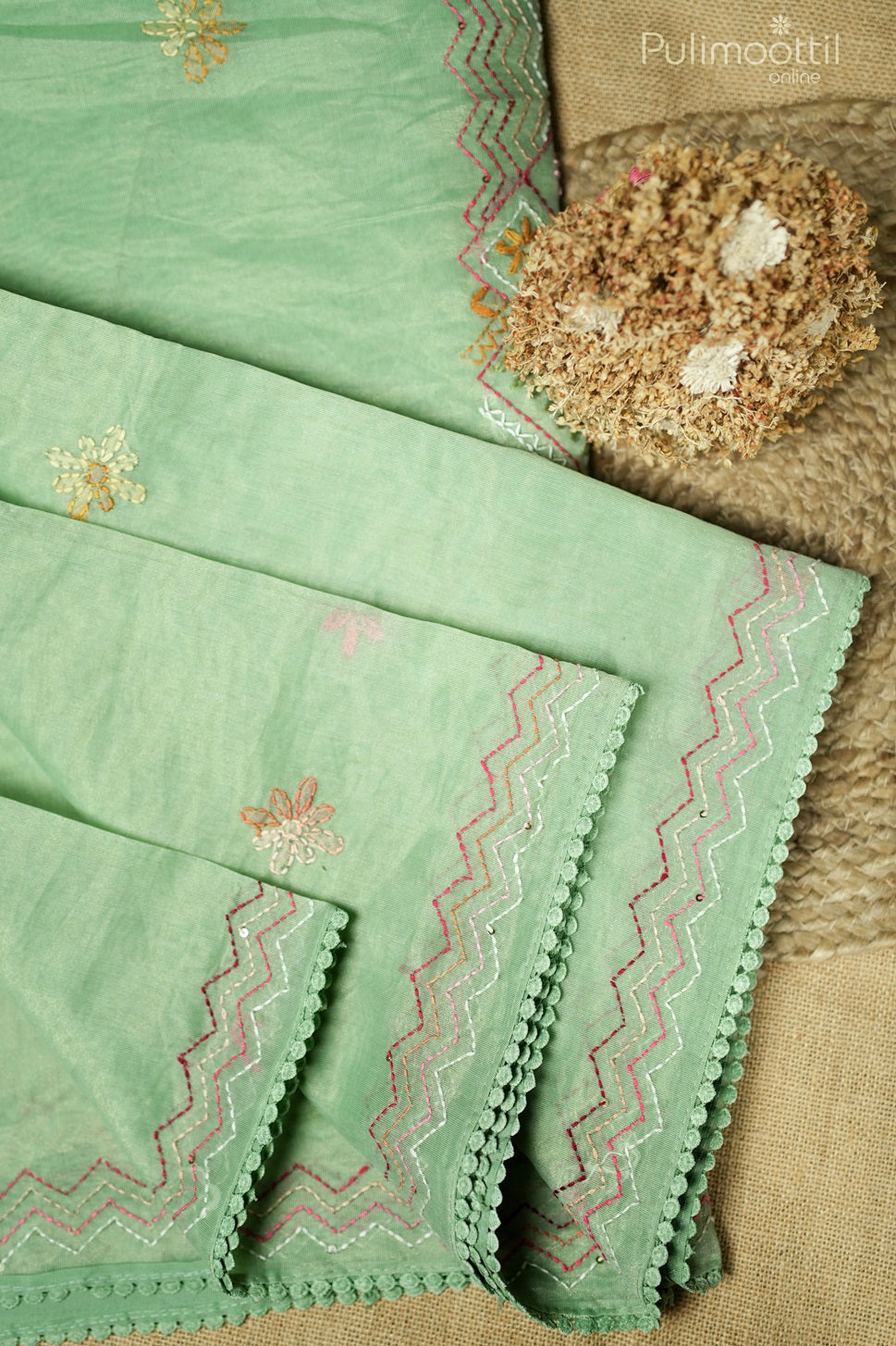 Mint Green Colour Hand Embroidery Organza Fancy Saree