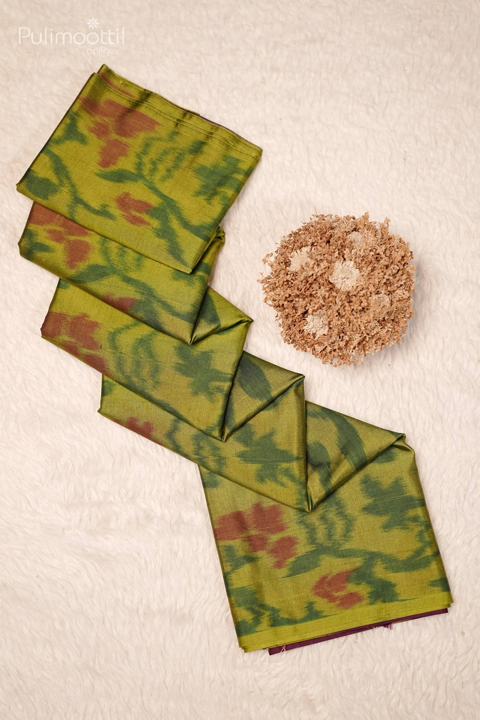 Folded Venom Green Ekath Print Saree with Floral Design, No Border, and Maroon Border at the Edge