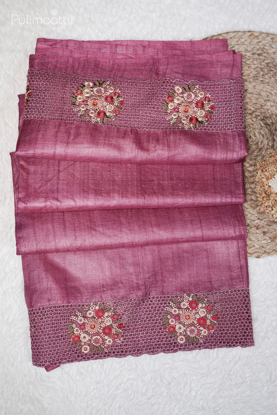 Onion pink Cutwork Tussar Silk Saree