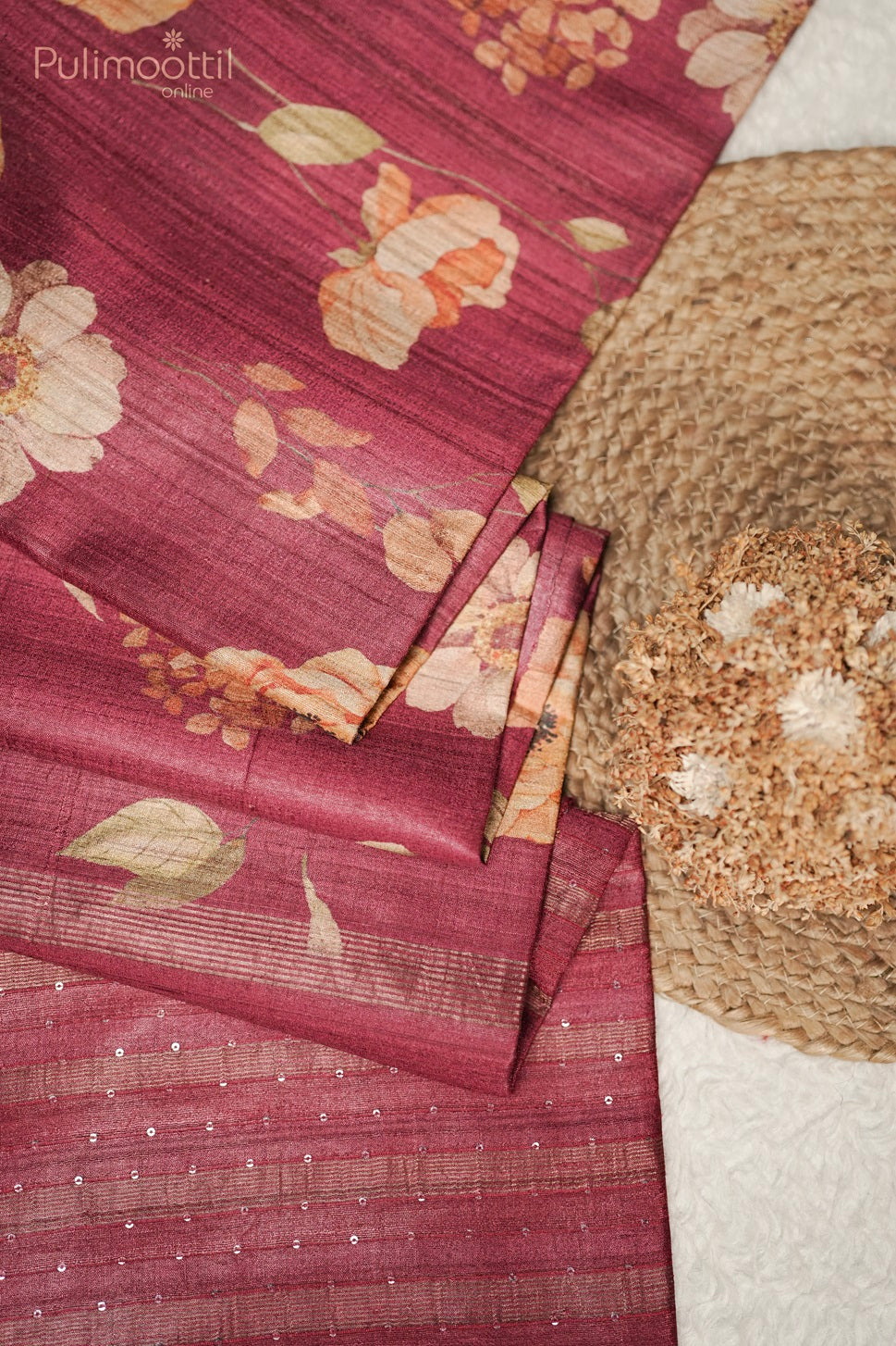 Maroon Colour Printed Tussar Silk Saree.