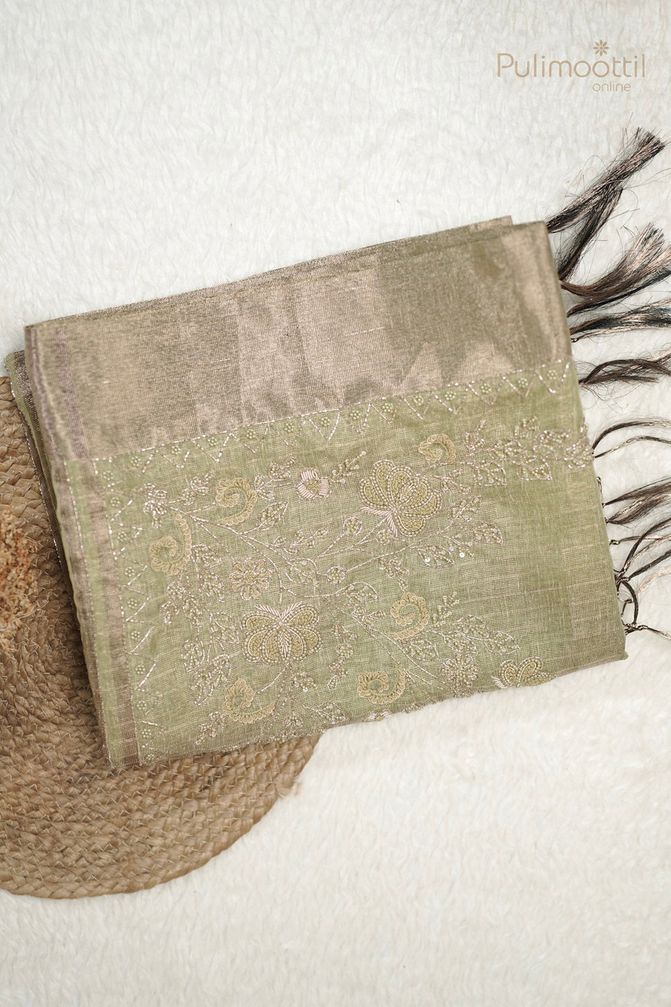 Pastel Olive Green Colour Tissue Fancy Saree