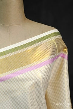 Kerala Cotton Cream Check Double Colour Border Set Saree.