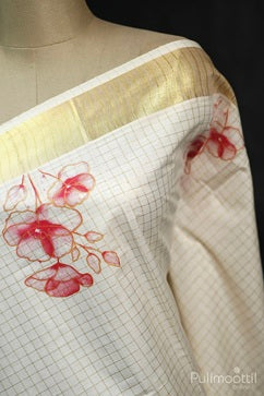 Cream colour Kerala Golden Check And Red Floral Printed Set Saree