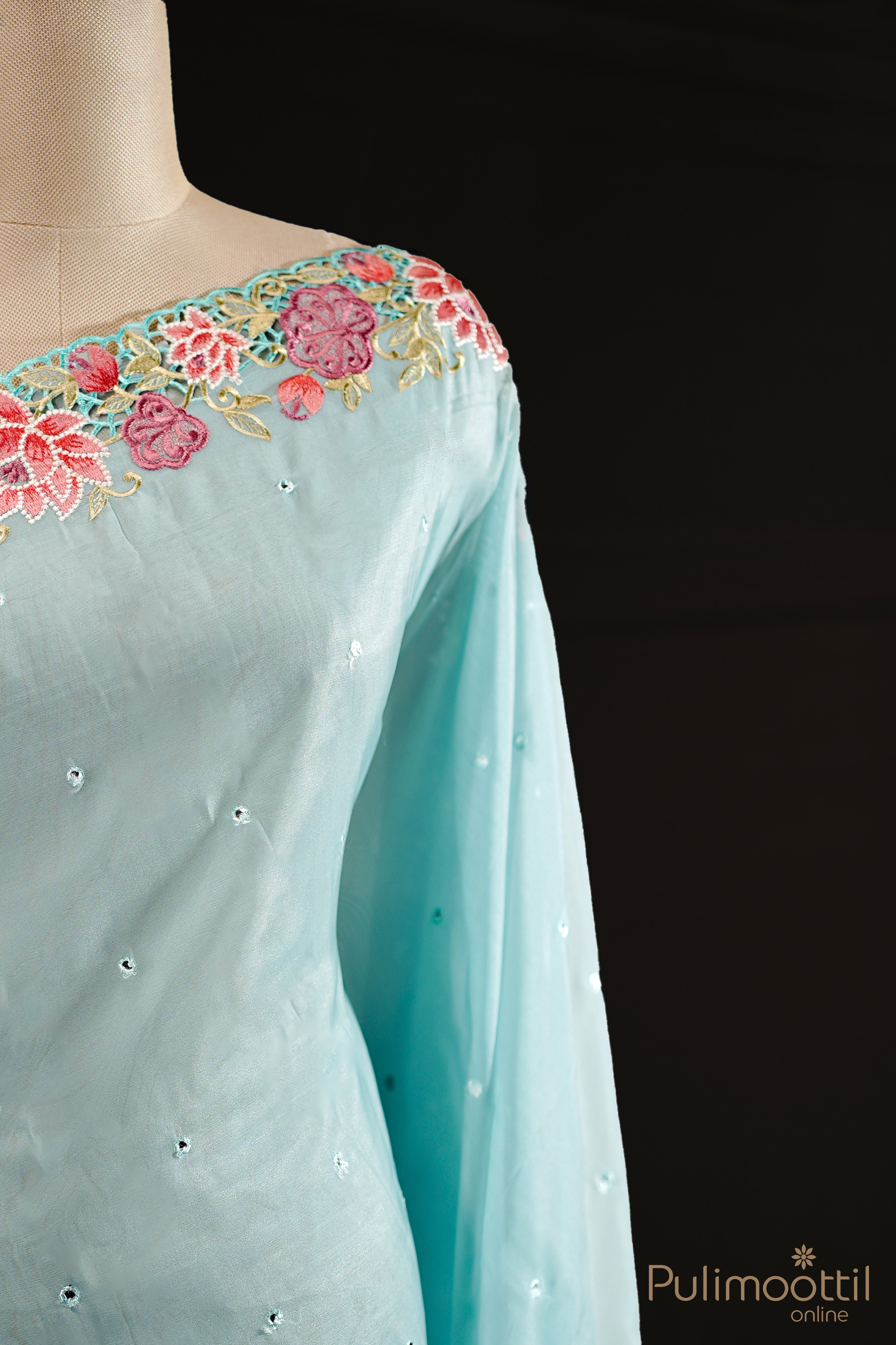 Pastel Blue Cut Work Organza Saree.