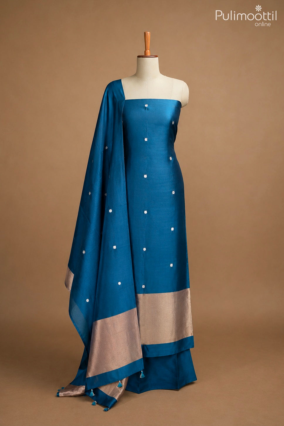 PRUSSIAN BLUE PURE SILK UNSTITCHED SALWAR SET
