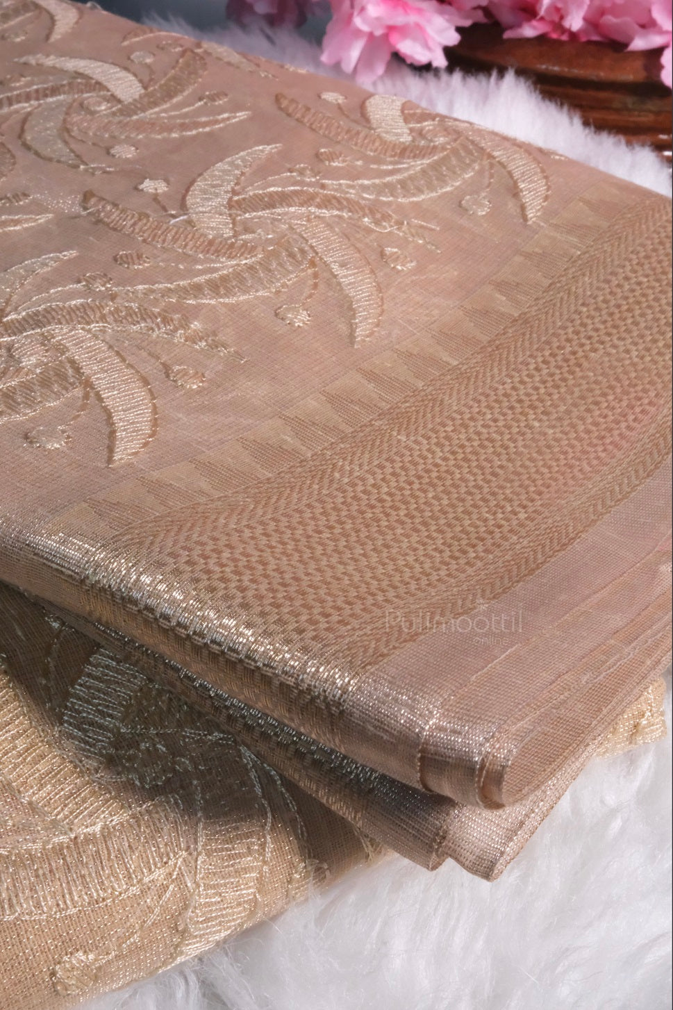 Close-up of folded Chiku color Banarasi tissue silk saree with intricate floral embroidery and zari border.