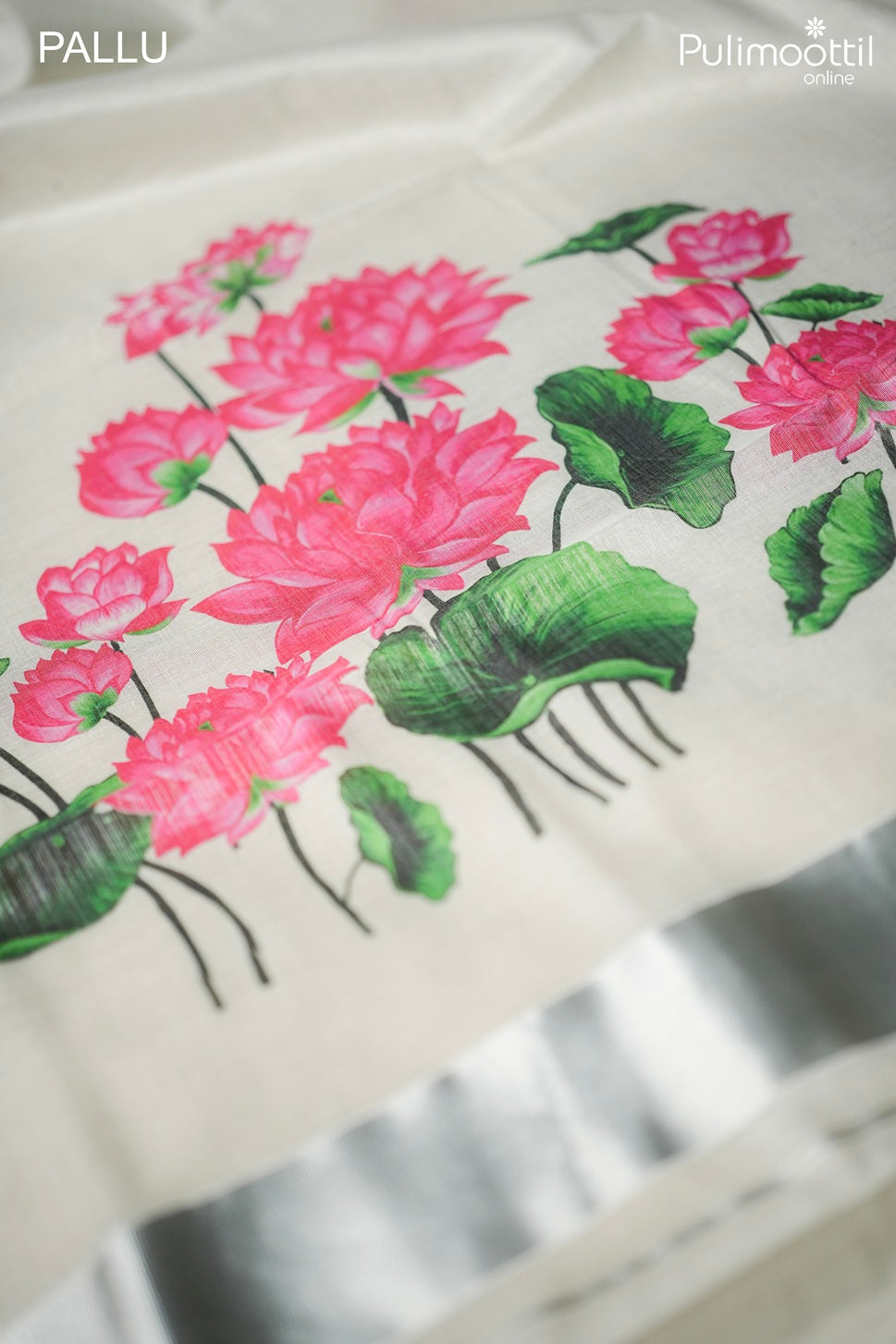 Silver tissue lotus digital print Kerala set saree