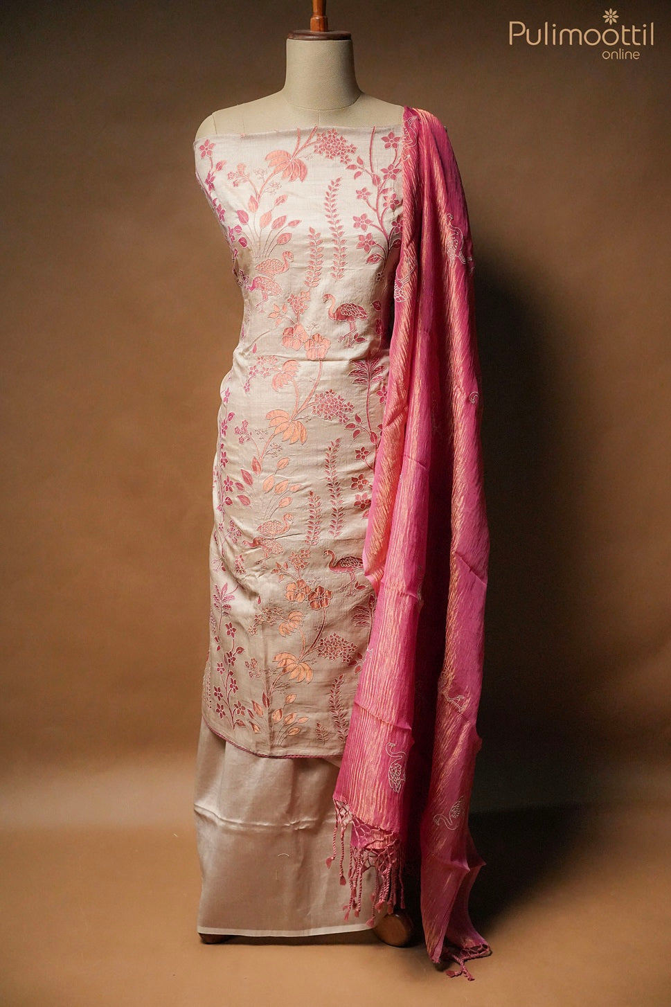 Light Chikoo Shade Tussar Unstitched Salwar Set