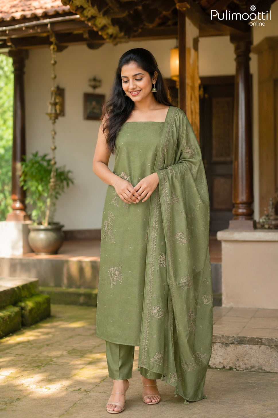 Pastel Olive Green Tussar Silk Unstitched Salwar Set