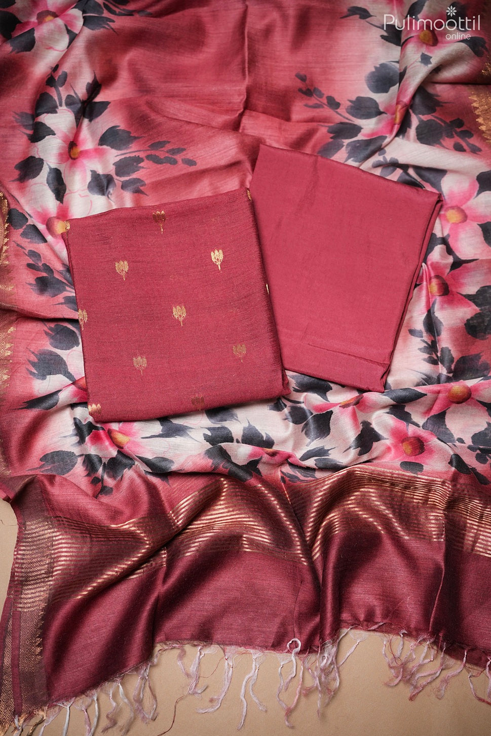 Maroon Maheshwari Silk Unstitched Salwar Set
