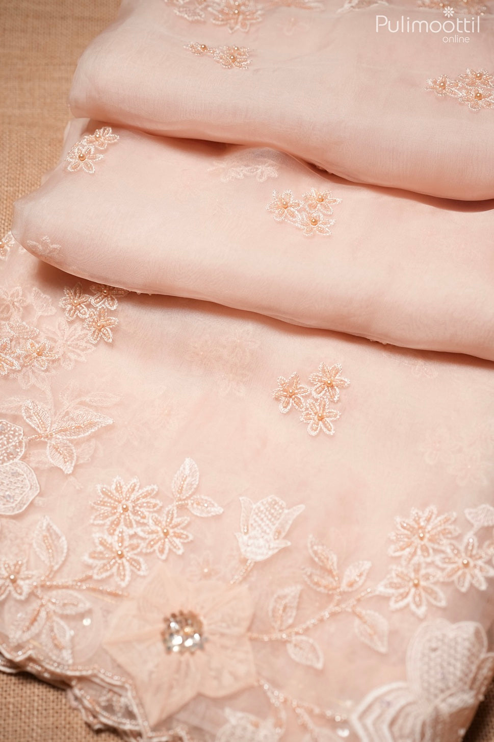Light peach color glass organza saree