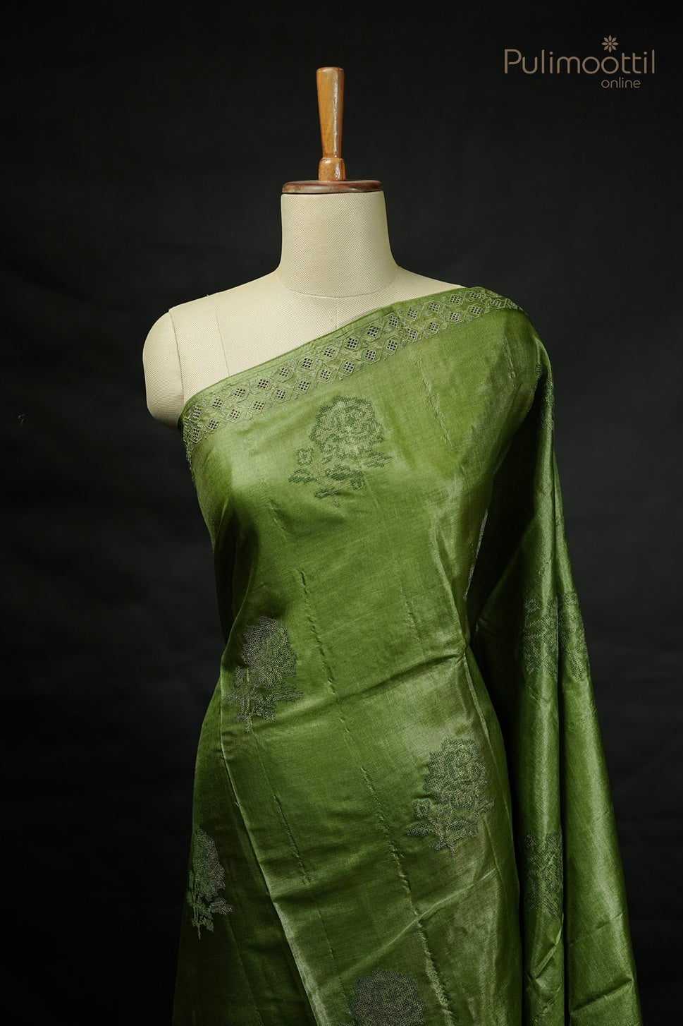 Dusty Green Colour Cross-Stitch Tussar Silk Saree