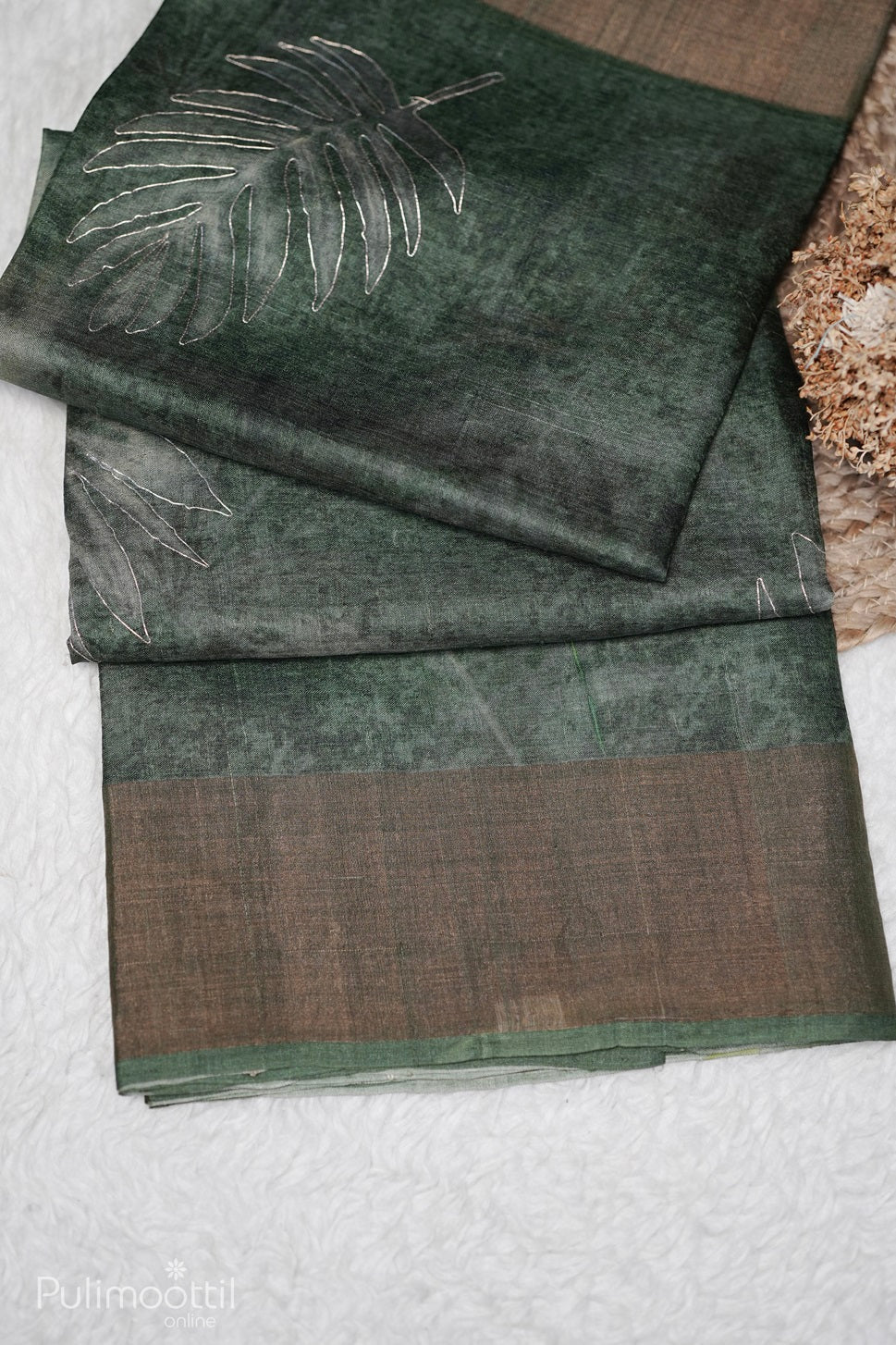 Bronze olive green Tussar Silk Saree
