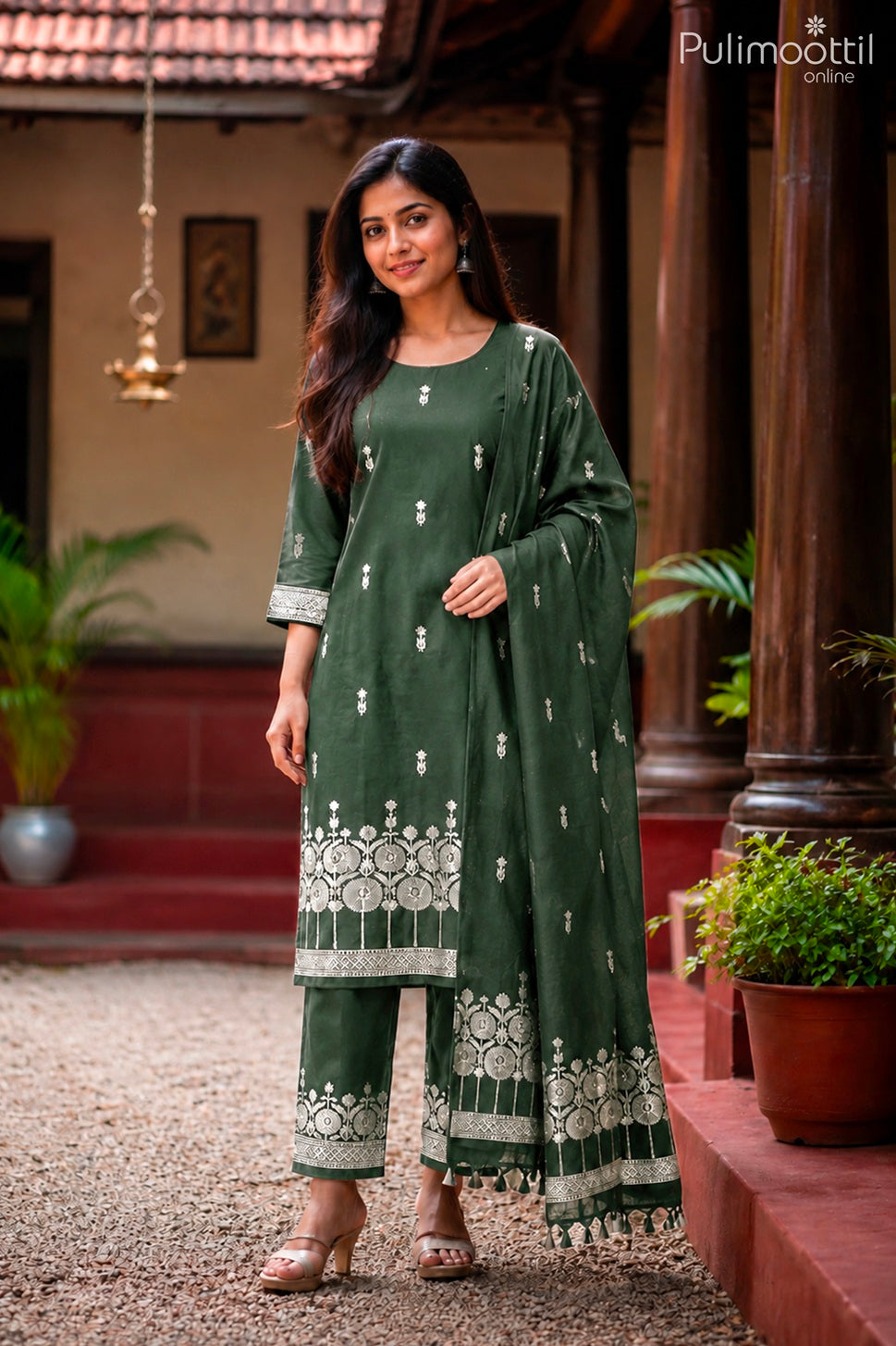 Dark Mint Green Chanderi Silk Unstitched Salwar Set