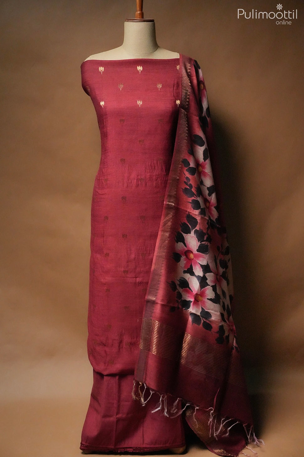 Maroon Maheshwari Silk Unstitched Salwar Set